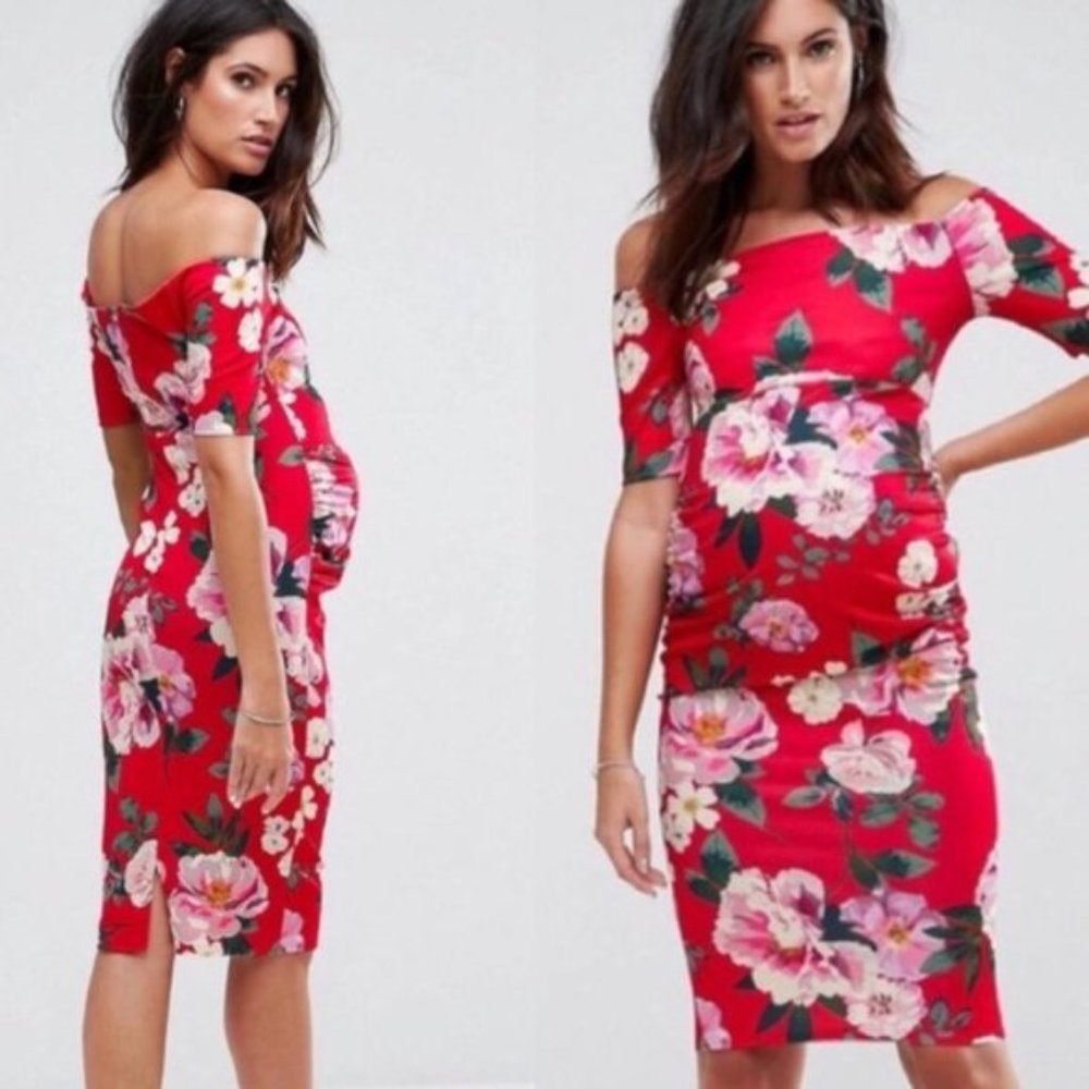 ASOS Maternity Off the Shoulder Red Floral Dress K